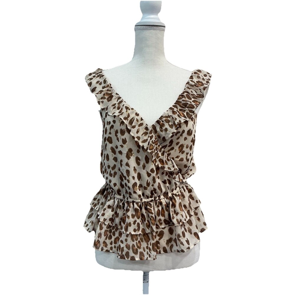 Express Small Tan Brown Leopard Ruffle Top